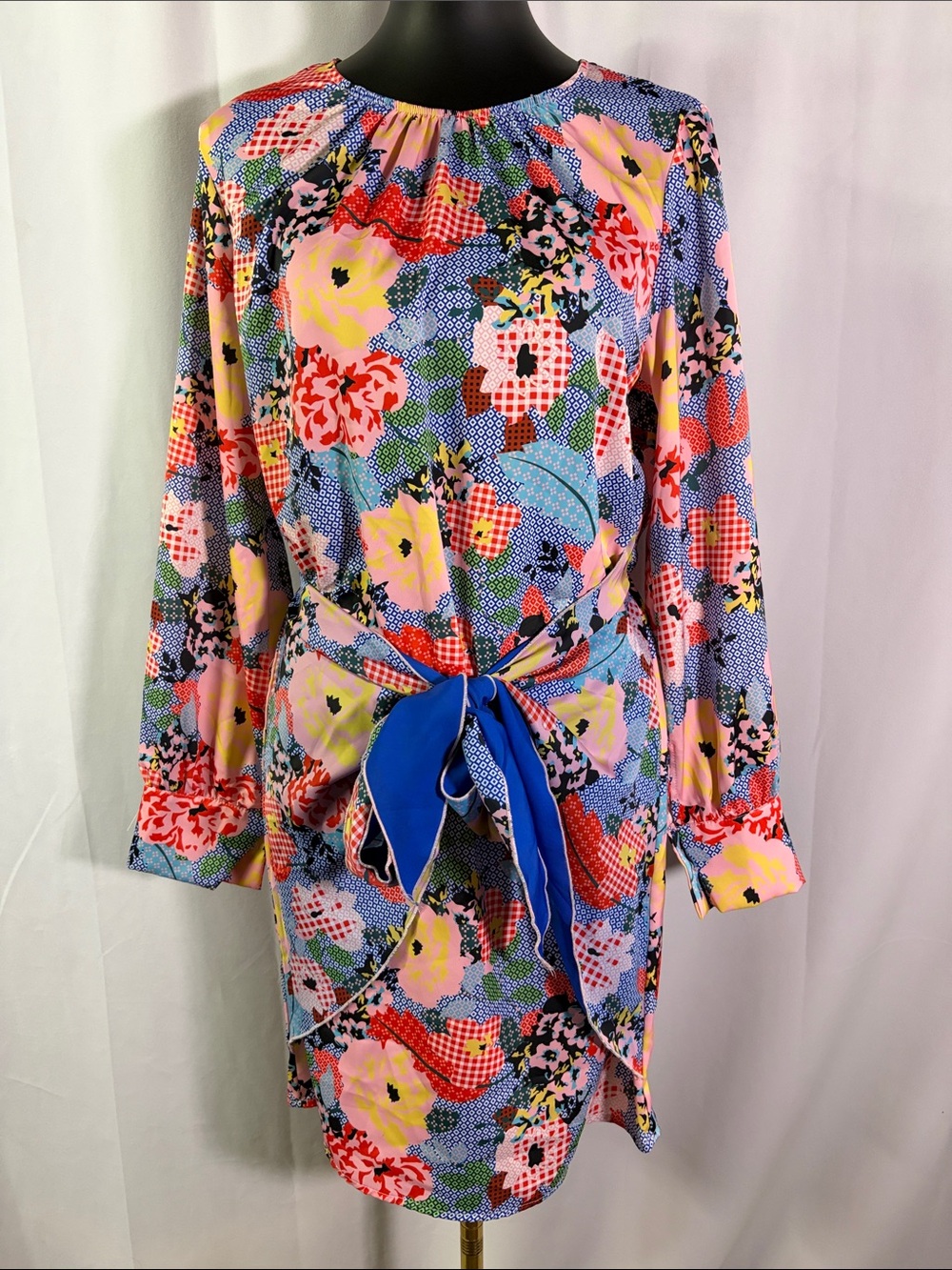 PrettyGarden Multicolor Patchwork Floral Print Long Sleeve Tie Waist Mini Dress